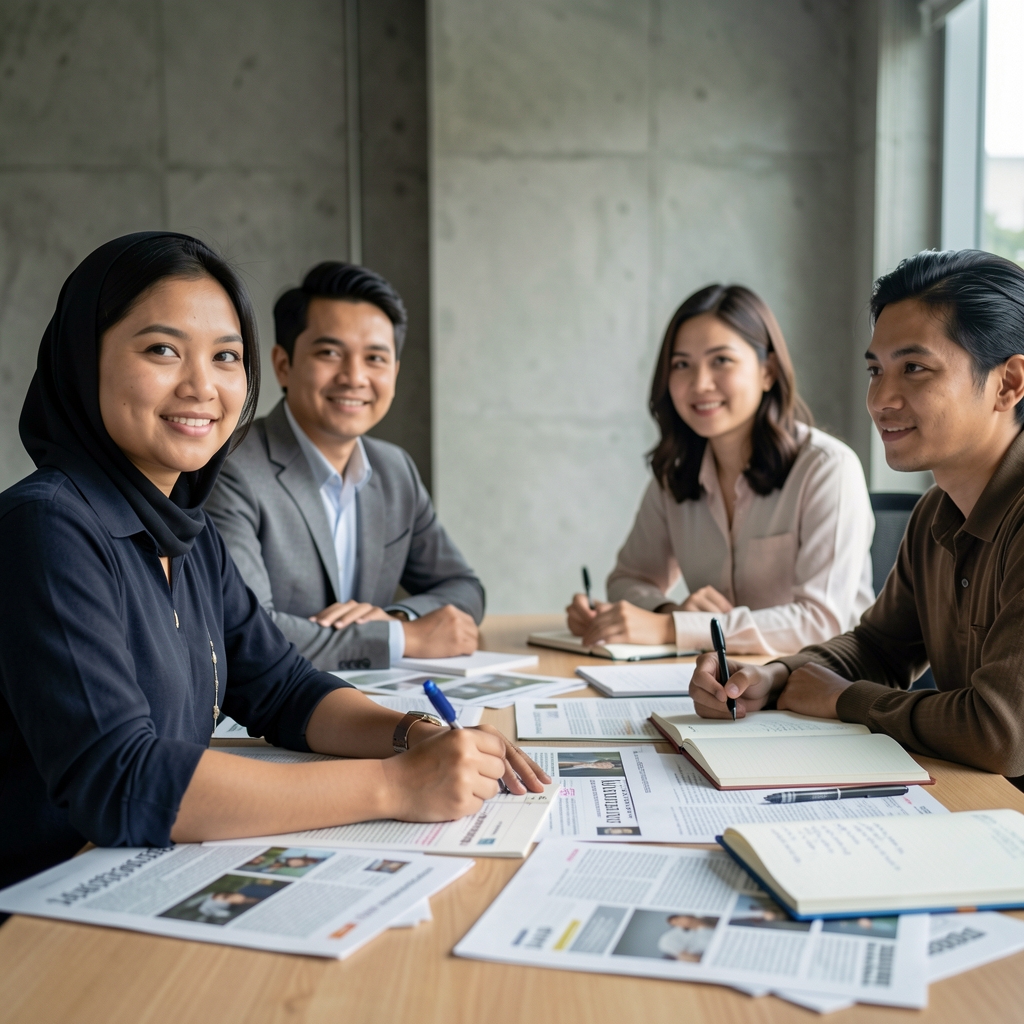 Four editorial team members around a meeting table covered in printed articles, annotation sheets, and open notebooks, Jakarta office interior with exposed concrete walls