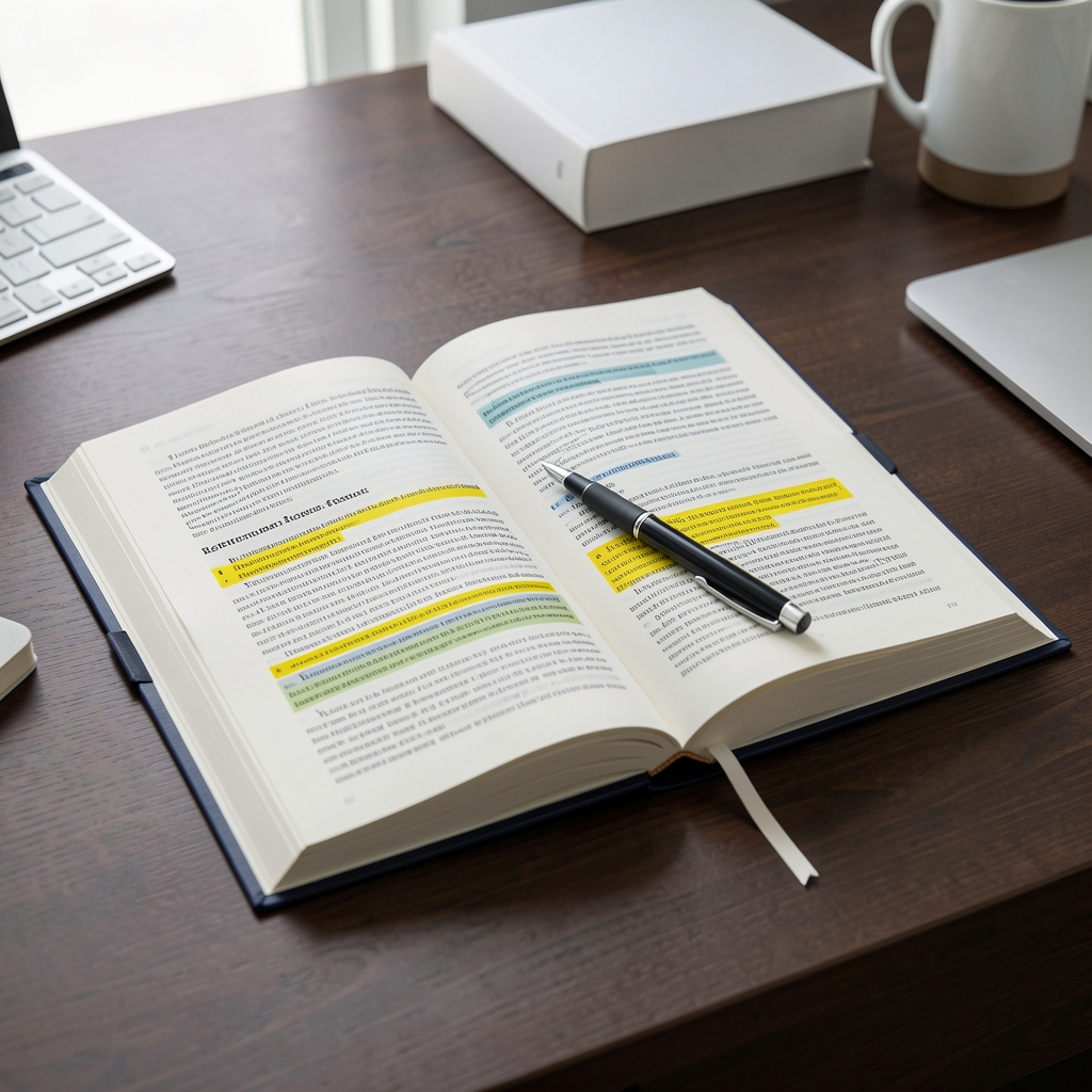 Open research journal with highlighted passages, a pen resting across the page, on a dark wooden desk in clean workspace with controlled lighting