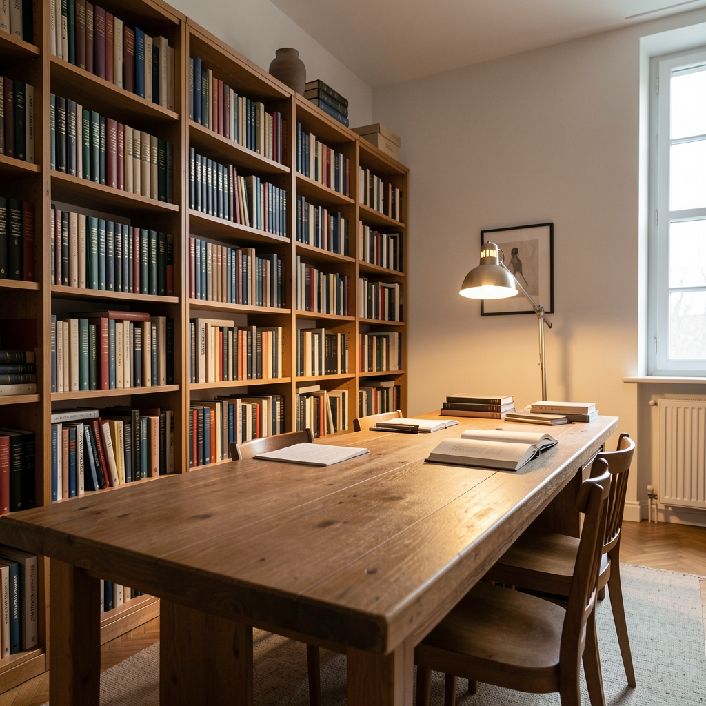 Interior view of a quiet South Jakarta editorial studio, bookshelves lined with reference volumes, a single standing lamp casting warm light over a long reading table
