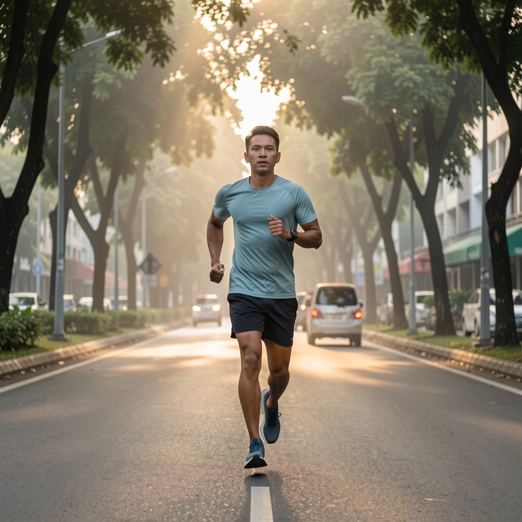 Man in athletic wear performing a measured outdoor morning run along a tree-lined Jakarta boulevard at dawn, soft light diffused through canopy