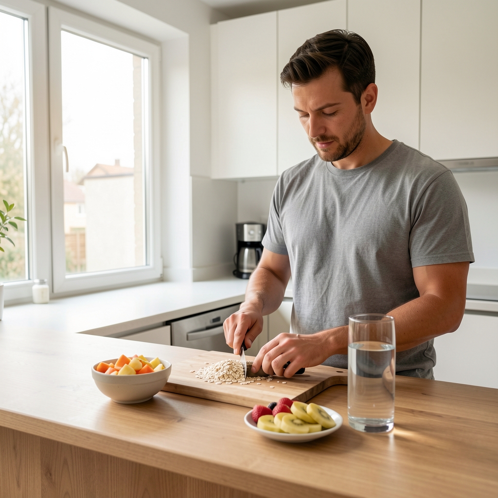 Man in a clean, minimal apartment kitchen preparing a structured breakfast — oats, sliced fruit and a tall glass of water laid out on a wooden counter, morning light entering through large windows