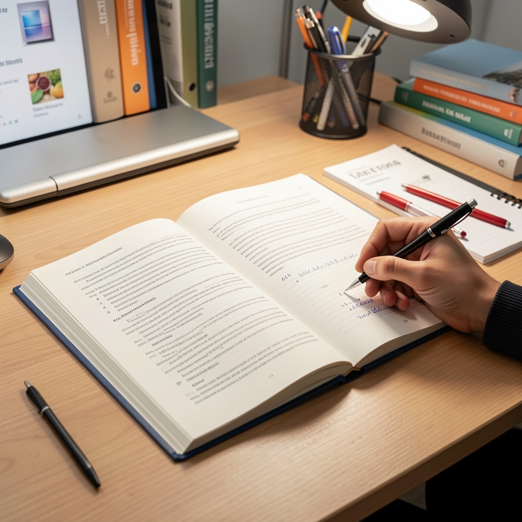 Research papers and nutritional journals open on a reading desk under bright studio lighting, a hand with a pen annotating margins, organized editorial workspace