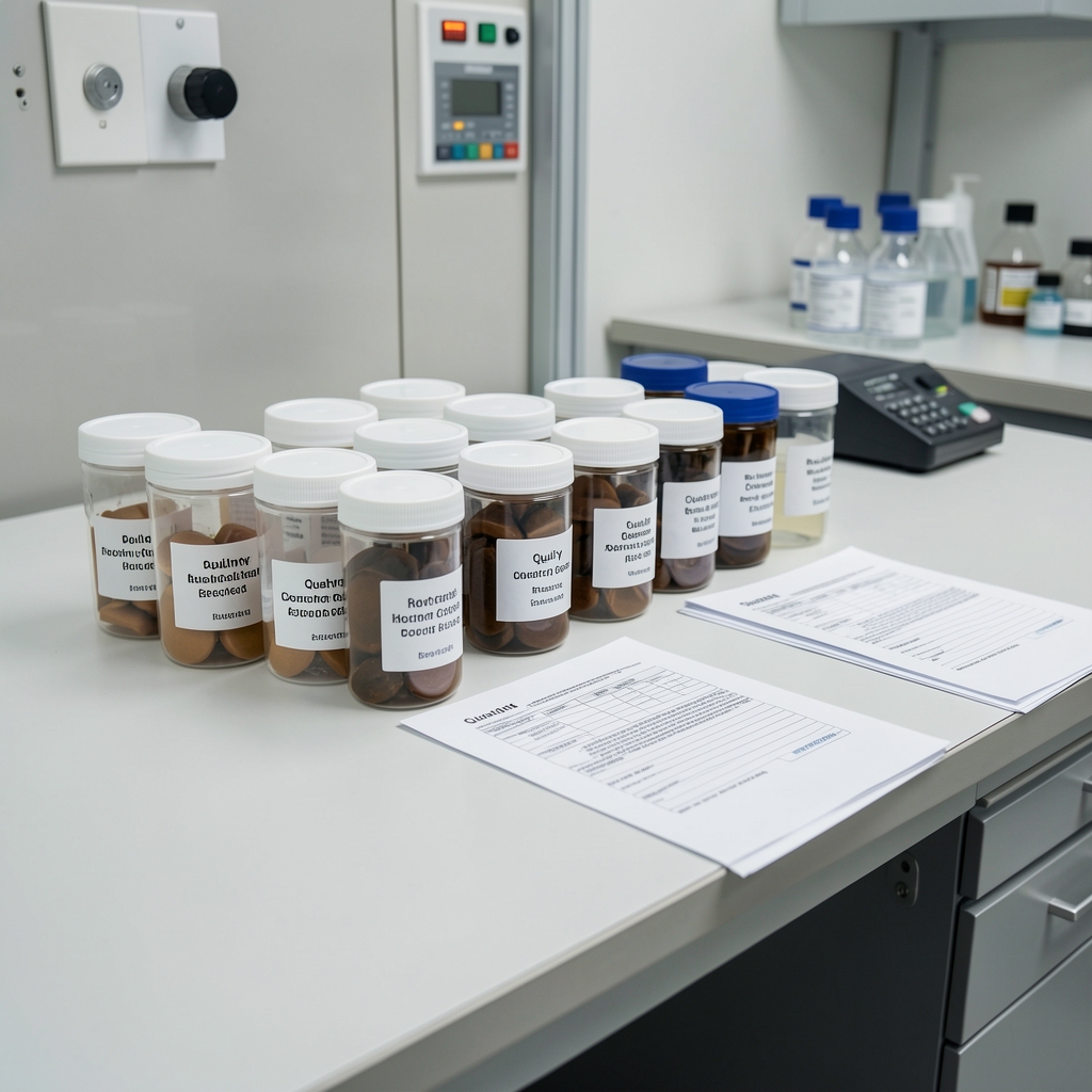 Quality control bench showing labelled containers arranged for batch review, documentation sheets beside them, in a clean workspace with controlled lighting and no distractions