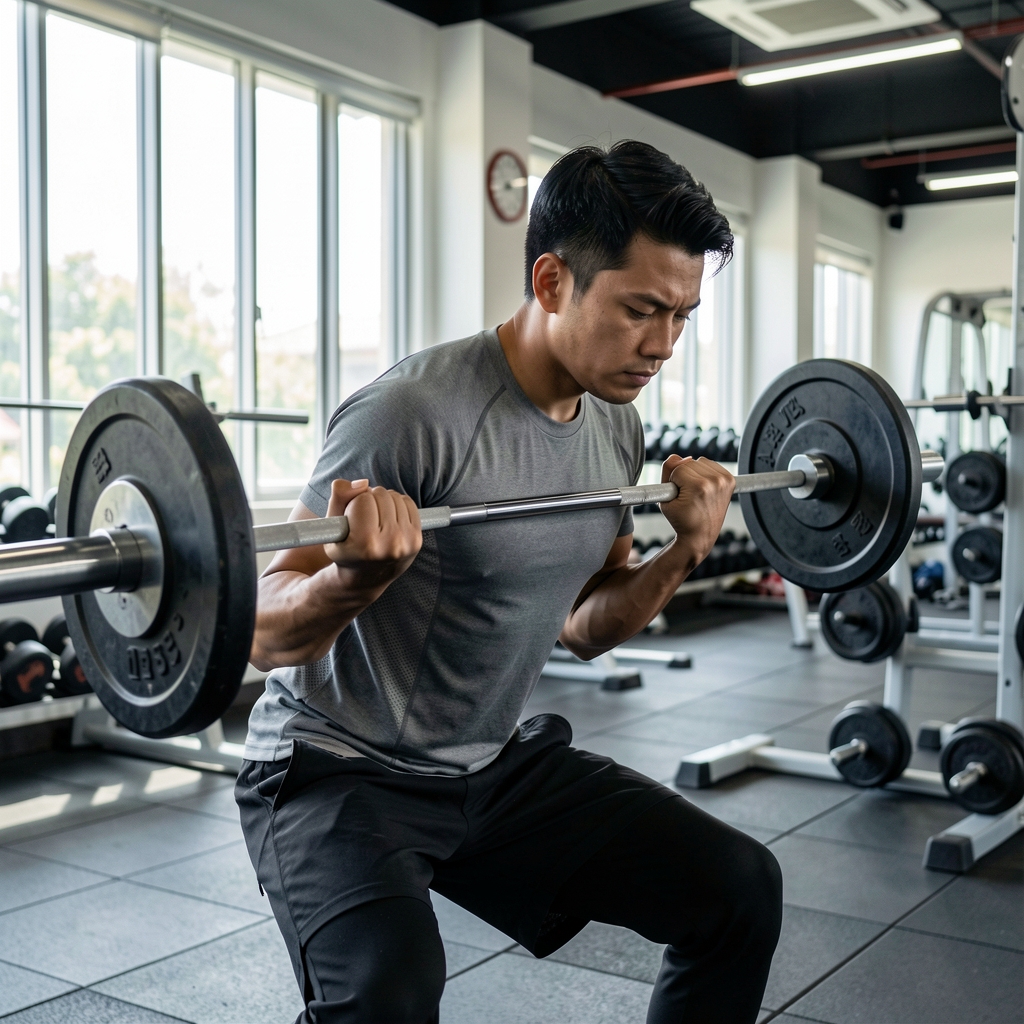 Man doing controlled barbell rows in a well-lit gymnasium in Jakarta, focused expression, natural light from gym windows, equipment visible in background