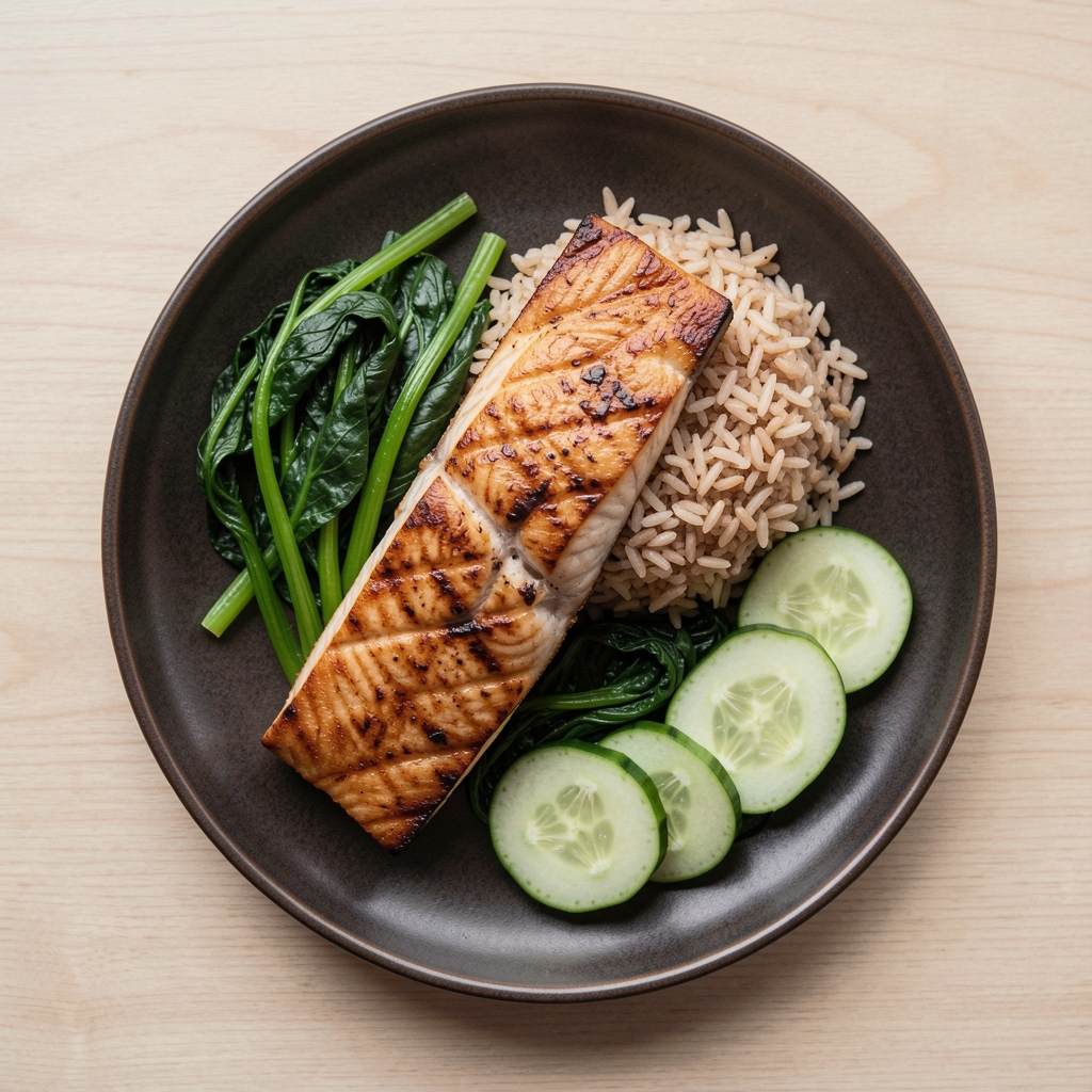 Overhead flat-lay of a balanced meal — grilled fish fillet, brown rice, steamed greens and sliced cucumber on a dark ceramic plate, minimal food photography aesthetic
