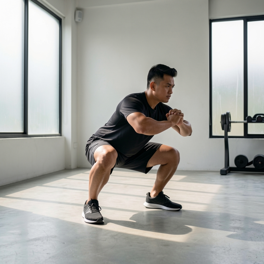 Man performing a bodyweight squat in a minimalist Jakarta gym space, correct form visible, light from frosted windows creating clean shadow lines on concrete floor