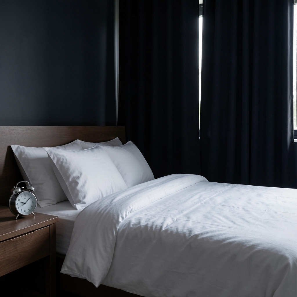 A darkened bedroom with blackout curtains, a simple alarm clock on a bedside table, white linen sheets neatly arranged, conveying rest and sleep quality