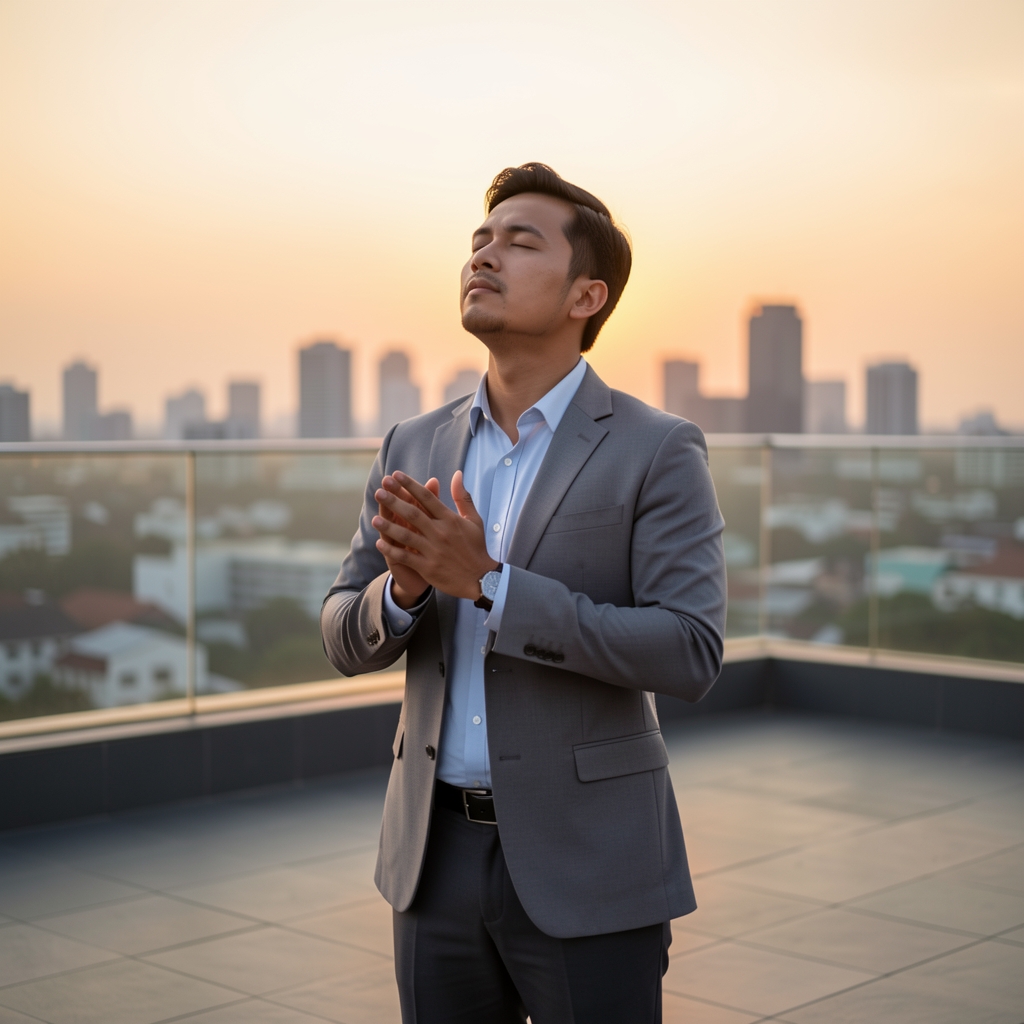 Man in business casual attire standing at a Jakarta rooftop at sunrise, eyes closed, practising breath awareness, city skyline softly out of focus behind him