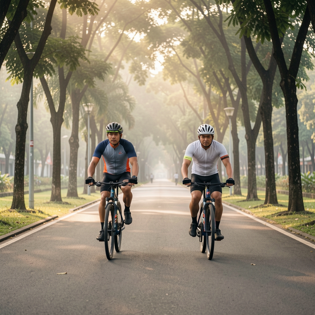 Two men cycling on a wide paved path through a Jakarta urban park at early morning, both in cycling gear, trees lining the path, quiet weekend atmosphere