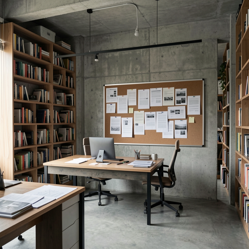 Wide shot of the Staleron editorial workspace in Jakarta — exposed concrete, floor-to-ceiling bookshelves, printed reference documents pinned to a planning board